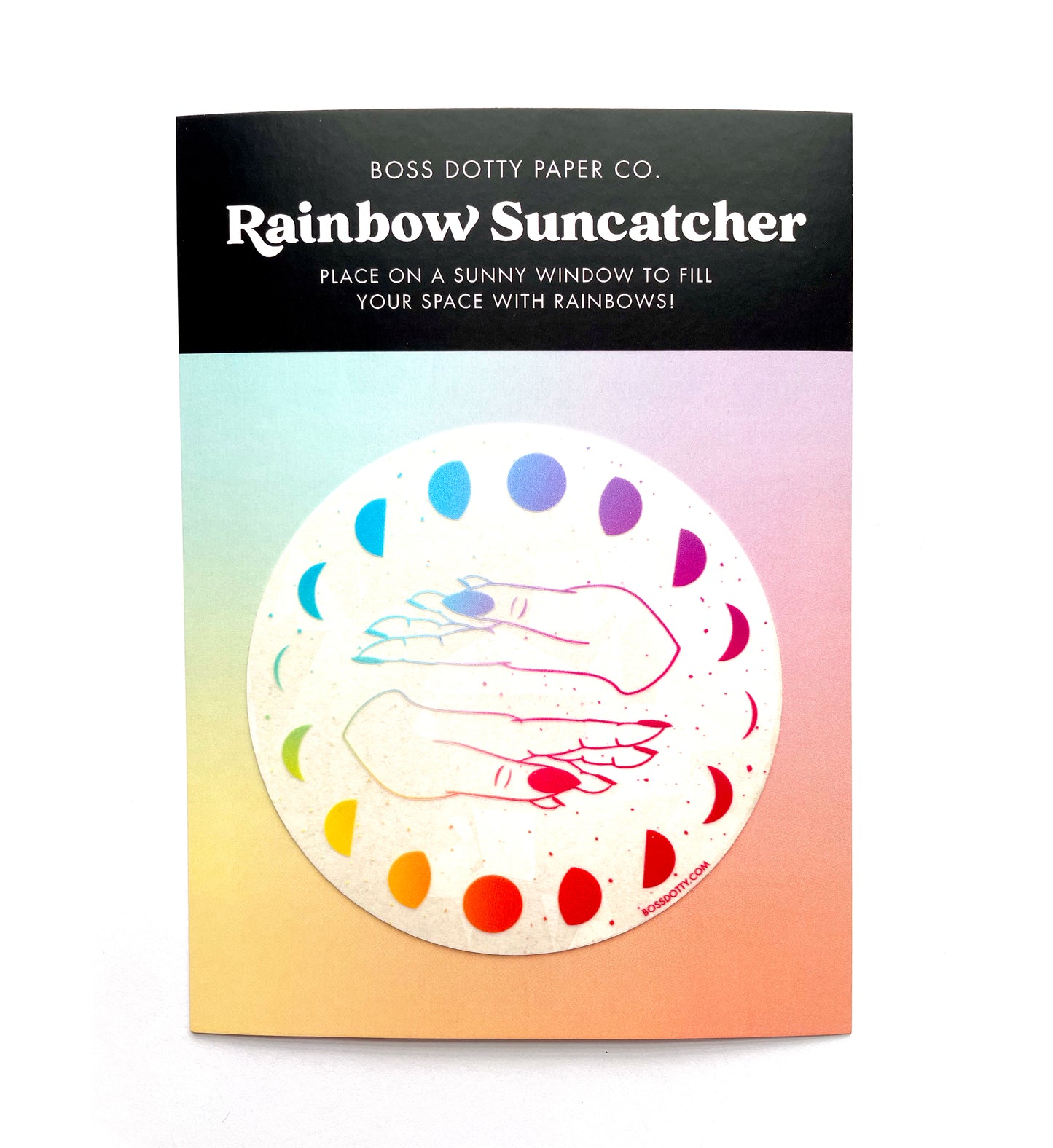Moon Phases Suncatcher Sticker on a backing card