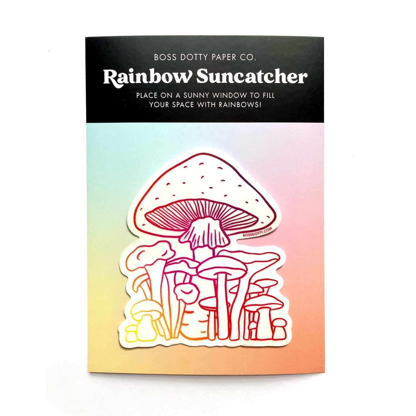 Mushroom Rainbow Suncatcher Sticker on backing card